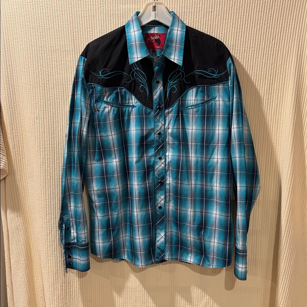 Rodeo Clothing Co.men's long-sleeve western shirt plaid & embroidered yokes